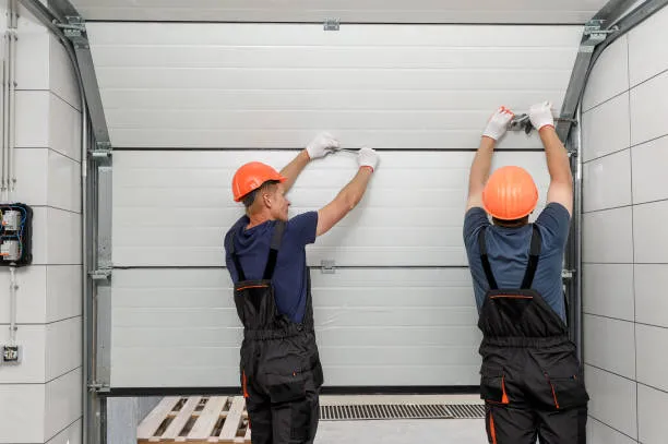 Workers fitting the sectional panels of a replacement garage door